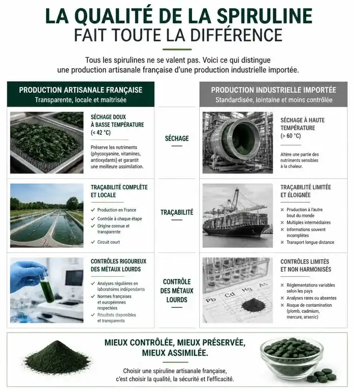 Comparatif de la qualité de la spiruline : production artisanale française vs industrielle pour bien choisir où acheter sa spiruline.