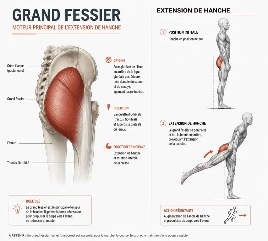 Schéma anatomique du grand fessier pour muscler le grand fessier efficacement