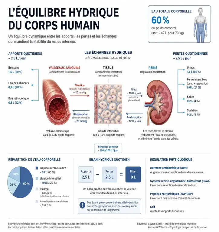 Schéma explicatif de l'équilibre hydrique et des mécanismes de rétention d'eau dans le corps humain