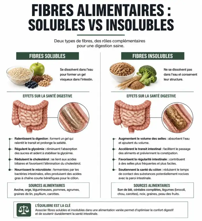 Infographie sur les bienfaits des fibres solubles et insolubles pour la santé digestive et le transit intestinal