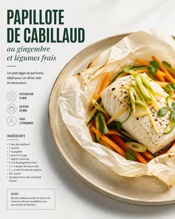 Recette pour maigrir le ventre : papillote de cabillaud au gingembre et légumes vapeur