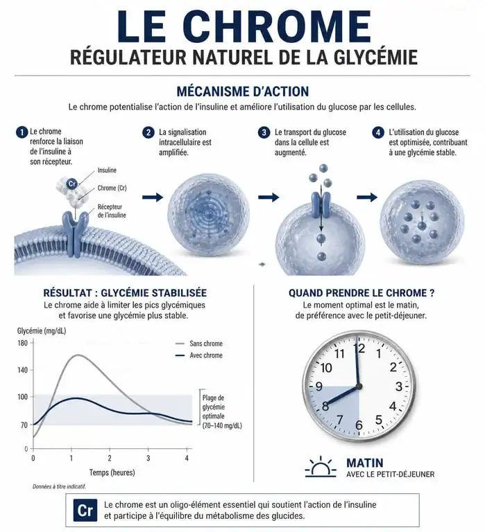 Infographie sur le moment optimal pour prendre du chrome et ses bienfaits sur la glycémie