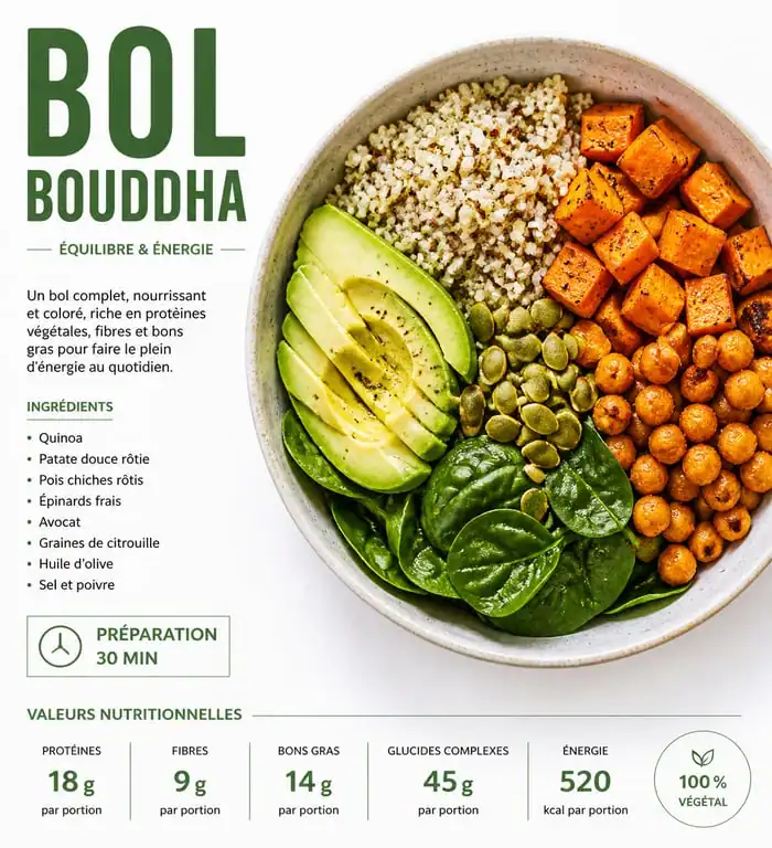 Buddha bowl healthy composé de quinoa, patate douce, pois chiches et avocat