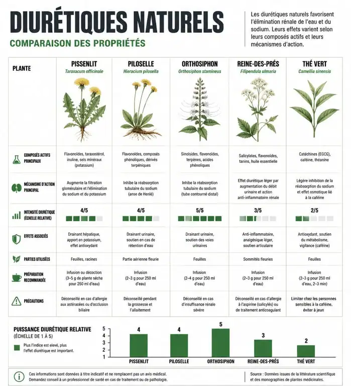 Infographie comparative des plantes diurétiques naturelles les plus puissantes pour lutter contre la rétention d'eau.
