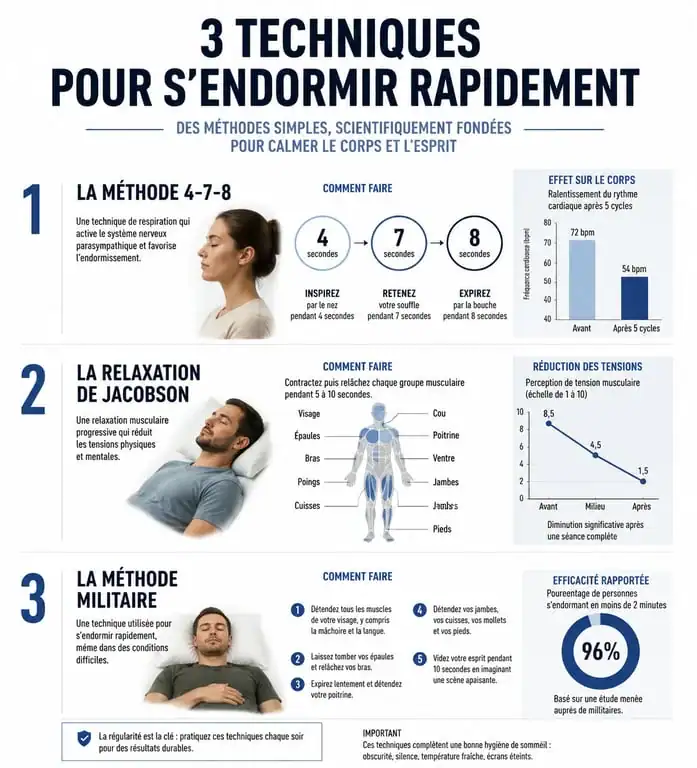 Infographie des techniques pour trouver le sommeil rapidement : 4-7-8, Jacobson et méthode militaire