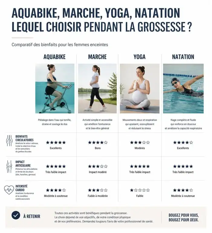 Infographie comparative des bienfaits de l'aquabike enceinte et autres sports