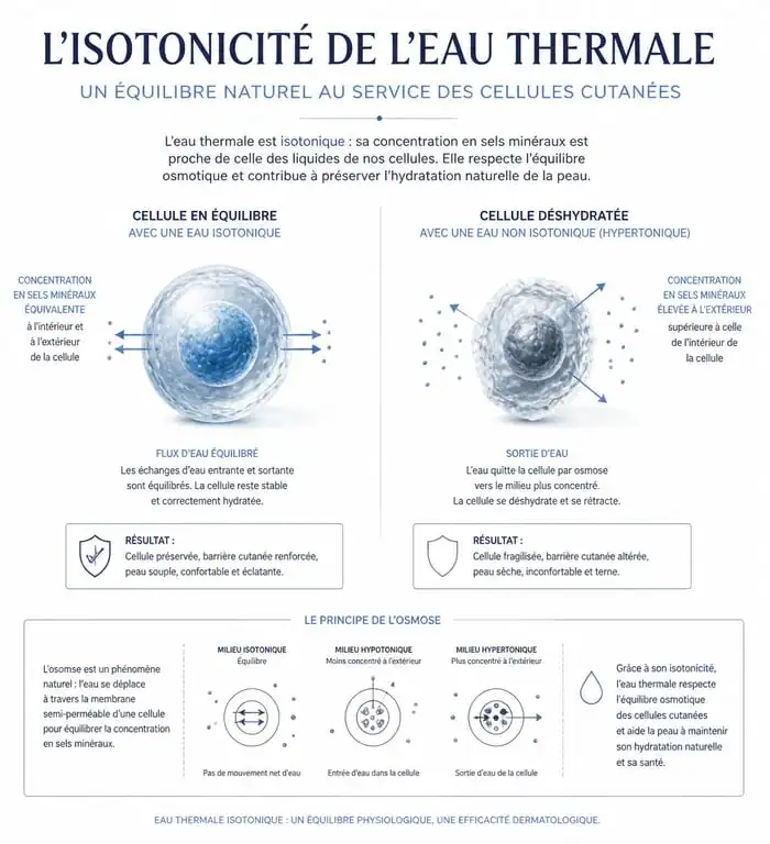 Infographie expliquant les bienfaits de l'eau thermale et l'isotonicité sur la barrière cutanée