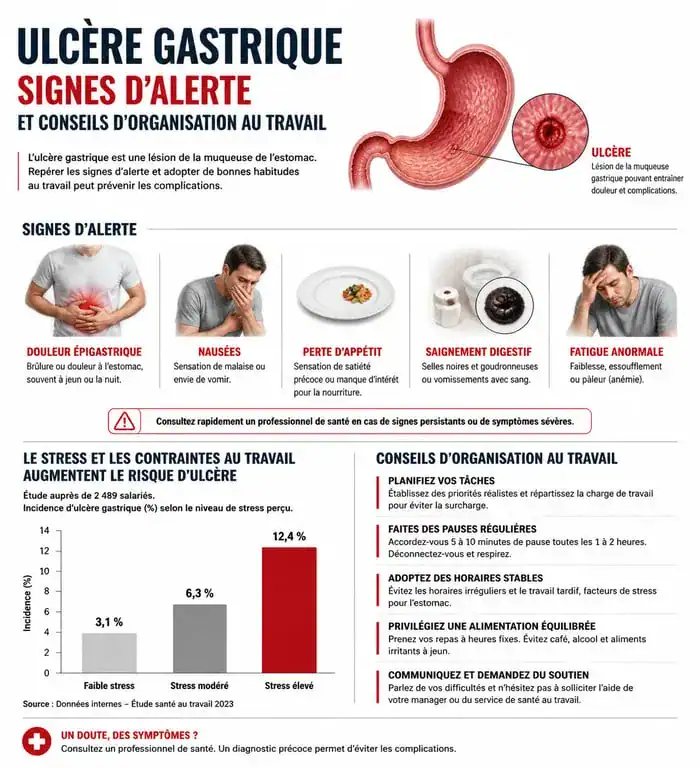 Infographie sur les signes d'alerte et la gestion de l'ulcère au travail pour les salariés