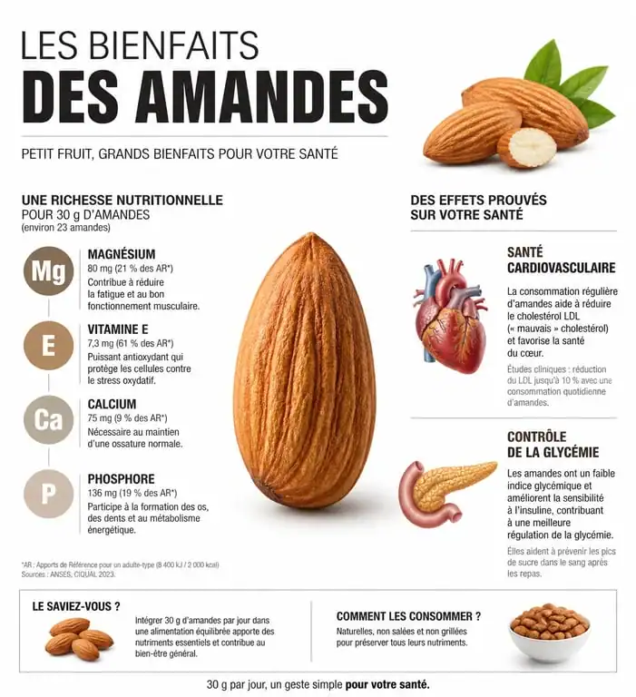 Infographie des bienfaits des amandes pour la santé : nutriments et effets sur le corps