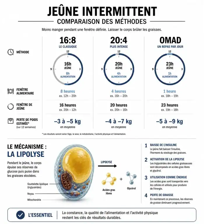 Infographie comparative des méthodes de jeûne intermittent et perte de poids avec le régime OMAD (1 repas par jour)