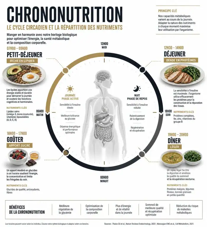 Infographie explicative du cycle de la chrononutrition et des avis sur la méthode Delabos
