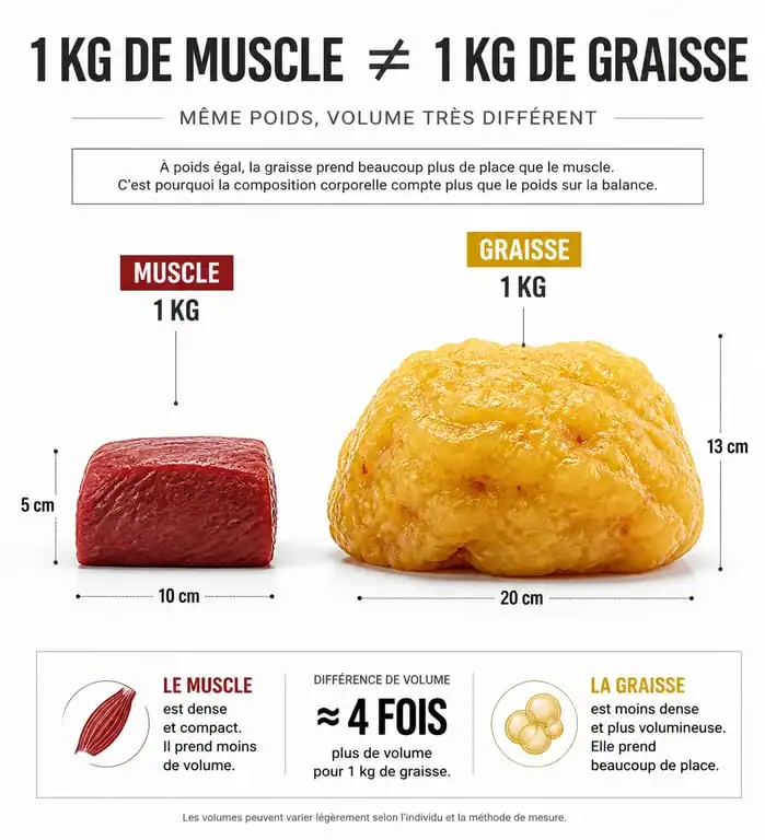 Comparaison visuelle entre le volume du muscle et de la graisse pour comprendre pourquoi on s'affine sans perdre de poids