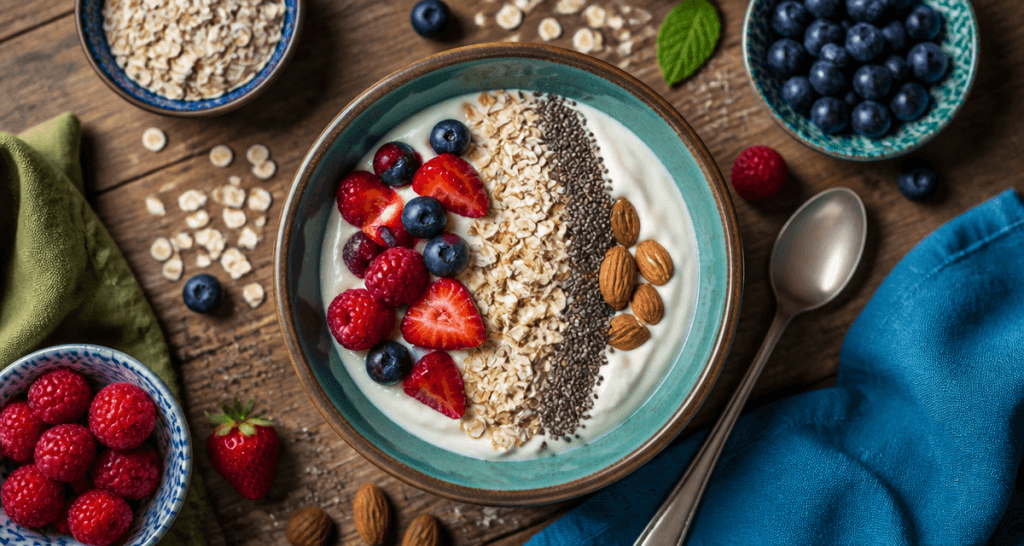 fromage blanc protéiné bol avec fruits et graines