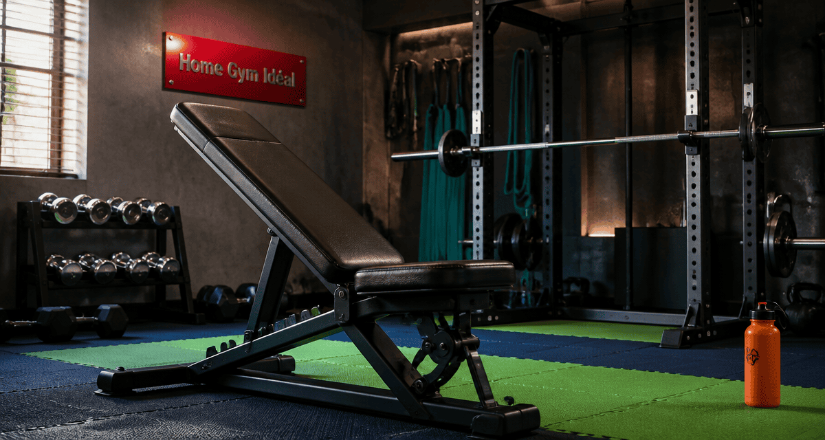 Home gym pour musculation avec banc, cage et accessoires