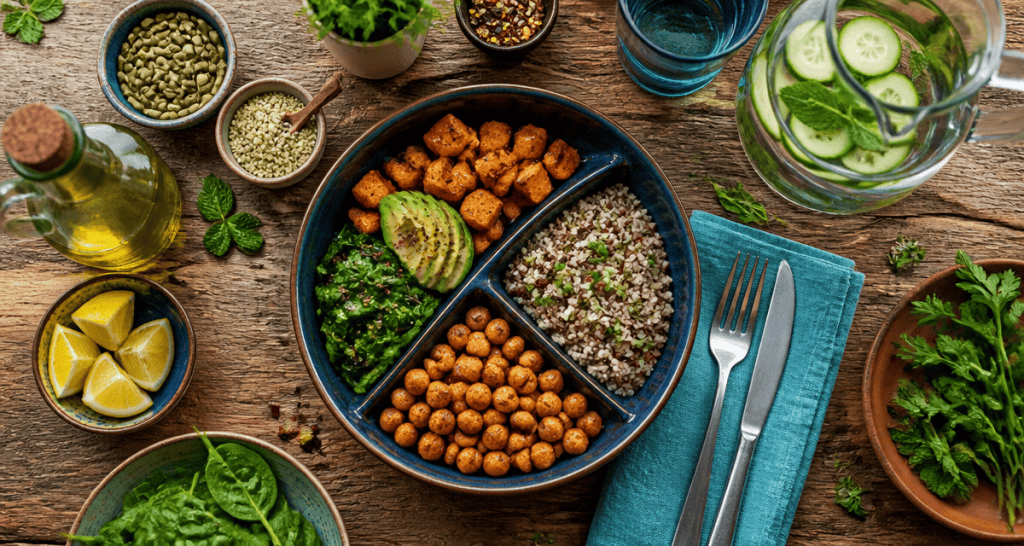 nourriture healthy assiette légumes quinoa pois chiches