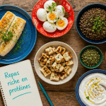 Repas riche en proteine avec poisson, œufs, tofu et légumineuses