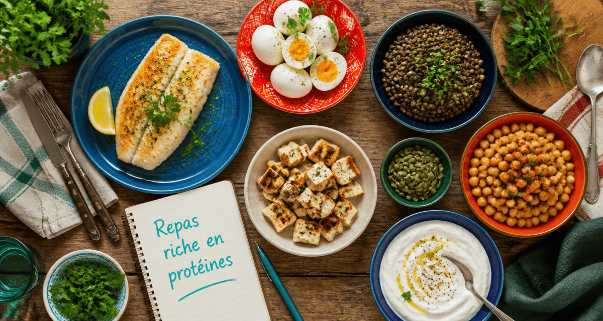 Repas riche en proteine avec poisson, œufs, tofu et légumineuses