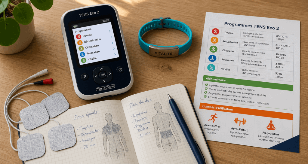tens eco 2 quel programme choisir, appareil et électrodes sur bureau