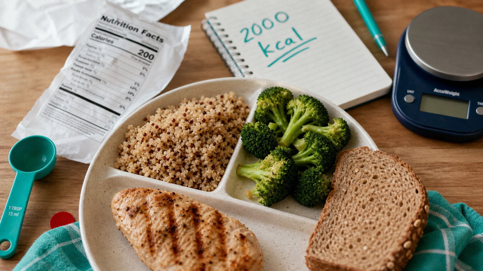 2000 calories par jour : assiette équilibrée, quinoa, poulet et repères nutritionnels