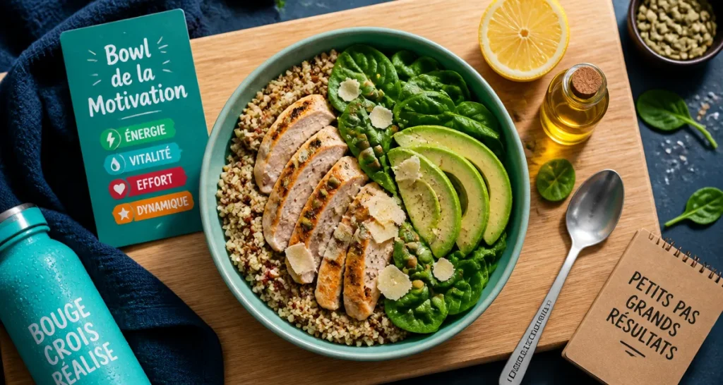 Aliments riches en tyrosine : bowl de dopamine naturel au poulet, quinoa et épinards