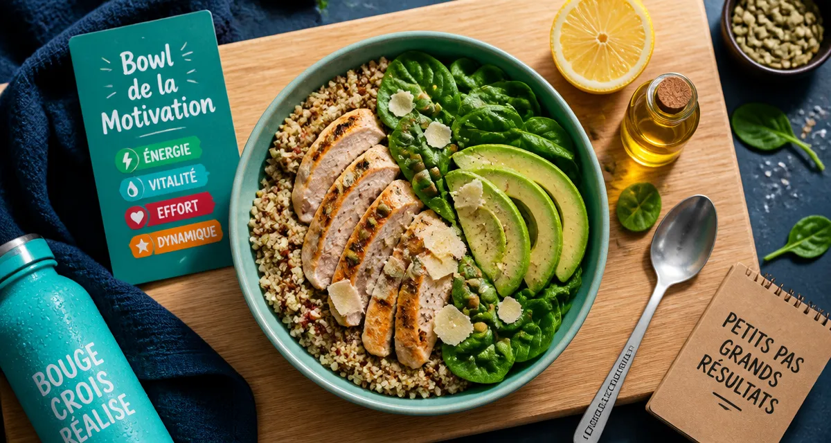 Aliments riches en tyrosine : bowl de dopamine naturel au poulet, quinoa et épinards