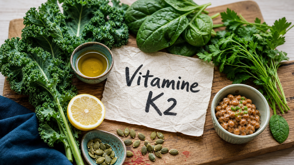 Aliments riches en vitamine K2 : natto et légumes verts (kale, épinards)