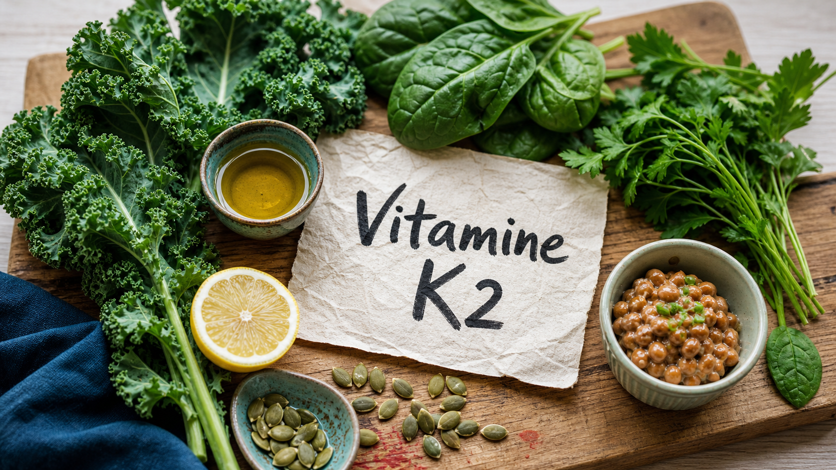 Aliments riches en vitamine K2 : natto et légumes verts (kale, épinards)