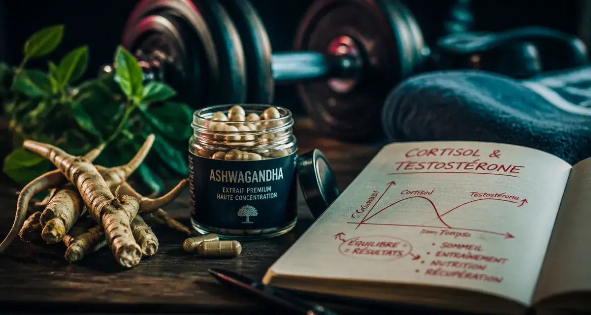 Ashwagandha : bienfaits homme—racine, gélules et schéma cortisol/testostérone