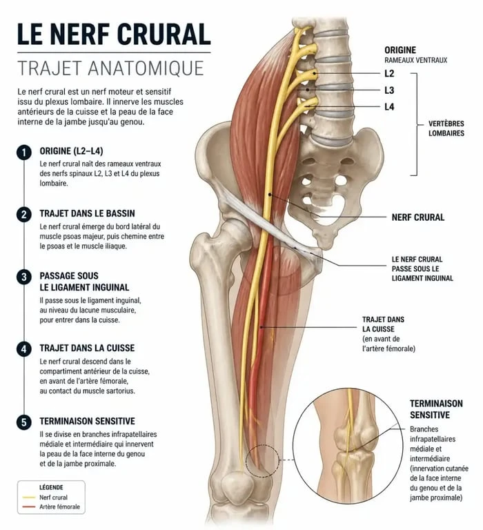 Schéma anatomique du trajet du nerf crural expliquant la douleur au genou
