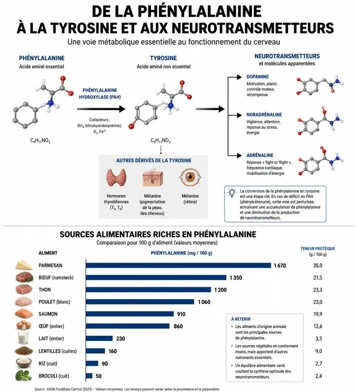 Infographie sur les aliments riches en phénylalanine et son métabolisme