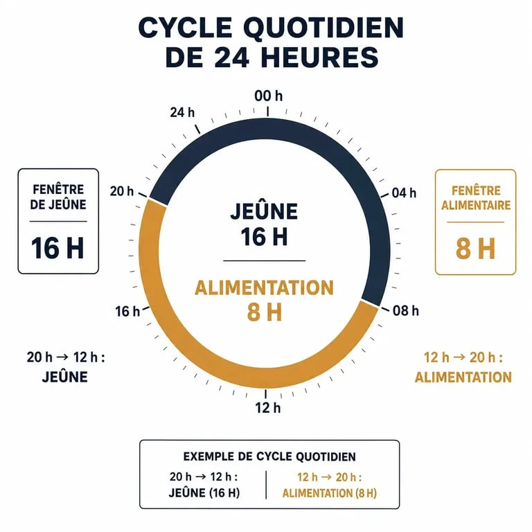 Infographie explicative du jeûne intermittent 16/8 montrant les périodes de jeûne et de repas