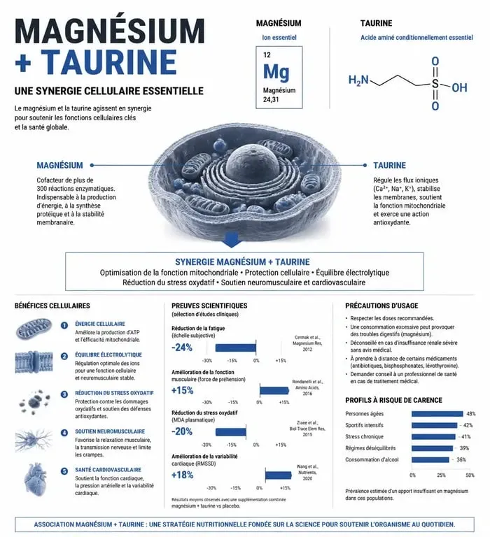 Infographie sur les effets secondaires et la synergie du magnésium et de la taurine