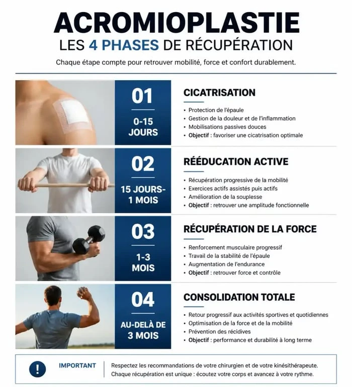 Infographie des phases de récupération et durée d'arrêt de travail après une opération du conflit sous-acromial