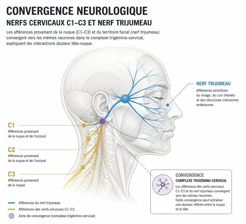 Schéma anatomique illustrant le lien entre les cervicales et les maux de tête