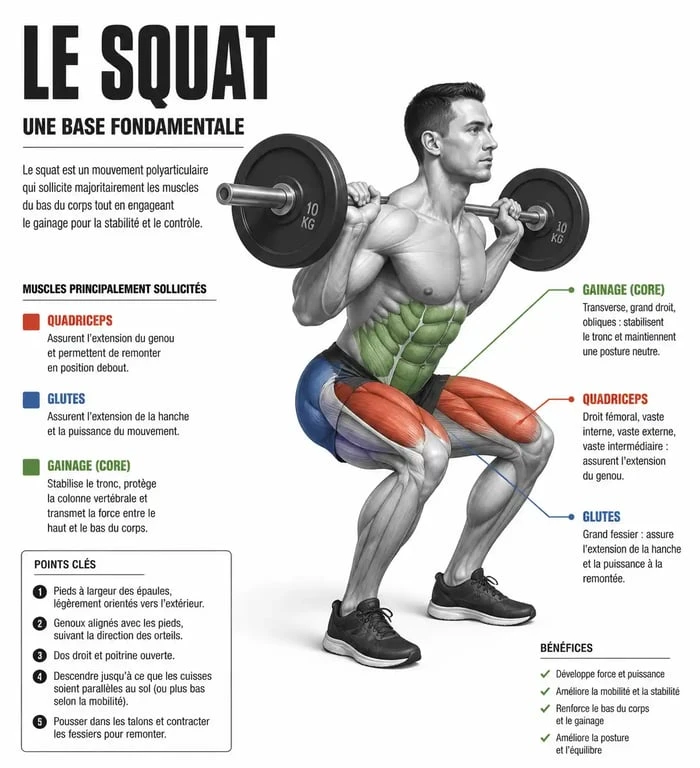 Schéma anatomique des muscles sollicités lors du squat : quadriceps, fessiers et sangle abdominale