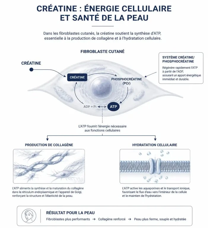 Schéma explicatif des effets de la créatine sur la peau et la production de collagène