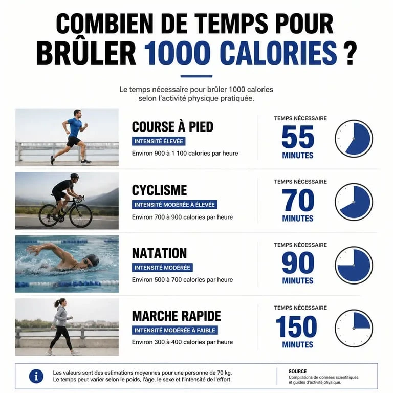 Infographie montrant le temps nécessaire pour brûler 1000 calories par jour selon l'activité physique