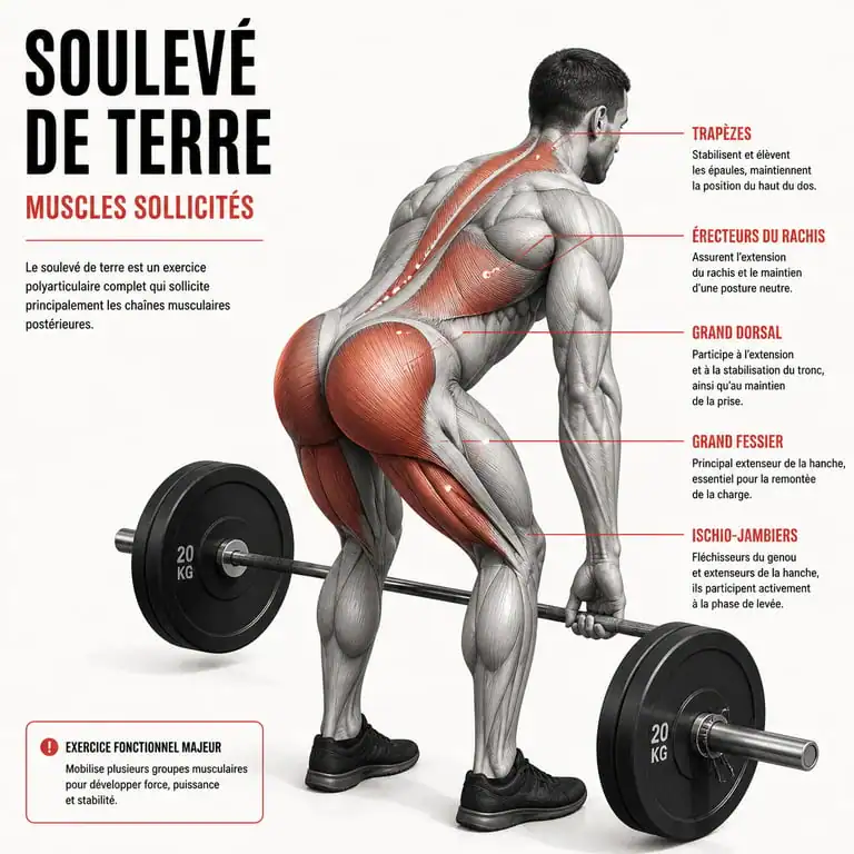Schéma des muscles sollicités lors du soulevé de terre (deadlift)