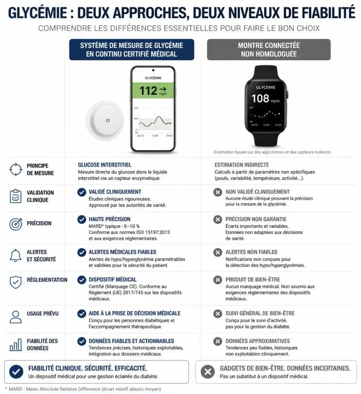 Comparatif entre lecteur de glycémie sans piqûre médical et montre connectée non homologuée