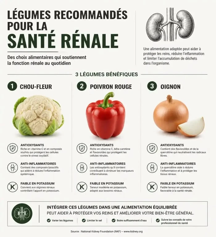 Infographie des légumes recommandés pour baisser la créatinine et protéger les reins
