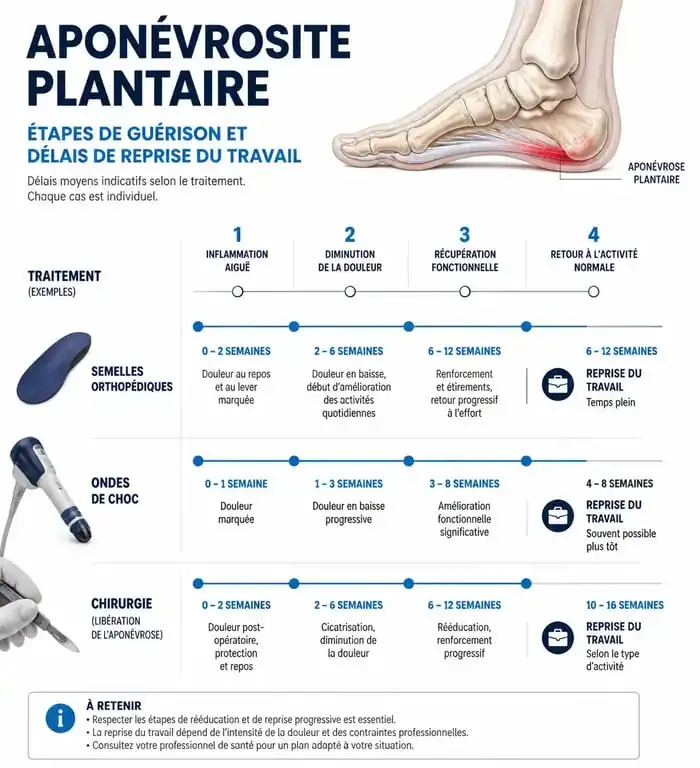 Infographie sur la durée d'arrêt de travail et les délais de guérison pour une aponévrosite plantaire