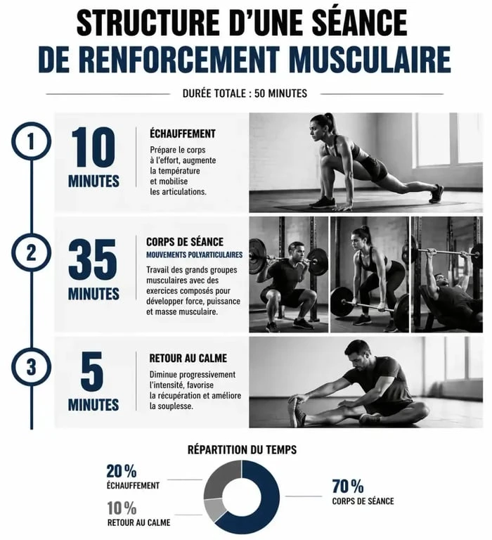 Infographie sur la structure idéale d'une séance de renforcement musculaire pour débutants et confirmés