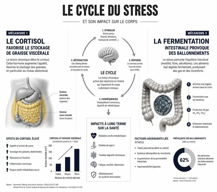 Schéma explicatif du lien entre taux de cortisol élevé et ventre gonflé : différence entre graisse abdominale et ballonnements digestifs.