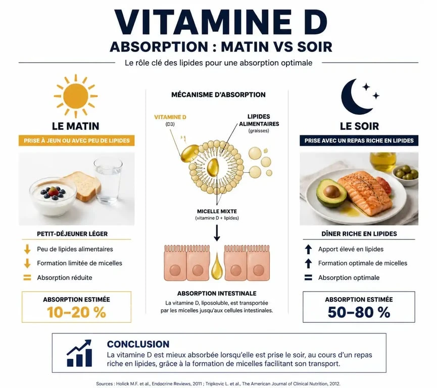 Infographie comparant la prise de vitamine D le matin et le soir pour une absorption optimale