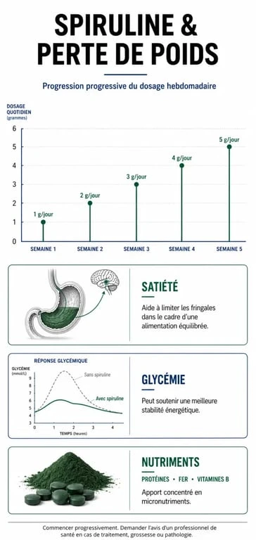 Infographie sur le dosage de la spiruline pour maigrir et ses bienfaits sur la satiété et la glycémie
