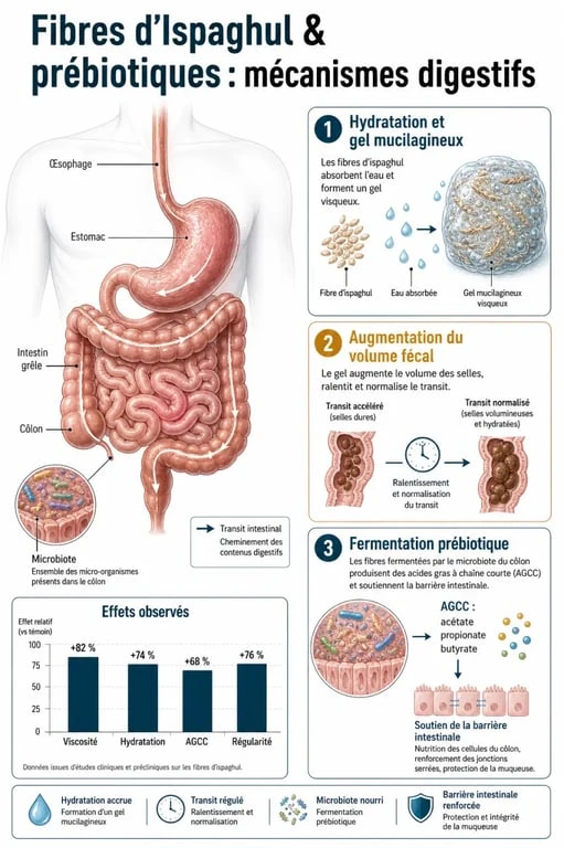 Infographie sur le fonctionnement du Colophytum et des fibres d'Ispaghul pour le transit intestinal
