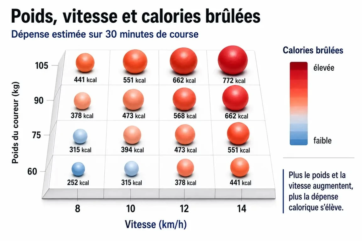 Infographie illustrant l'impact du poids et de la vitesse sur les calories brûlées lors d'un jogging de 30 minutes