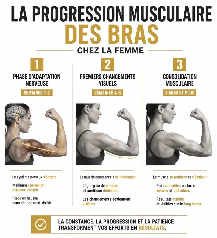 Infographie montrant le calendrier de progression pour muscler ses bras femme