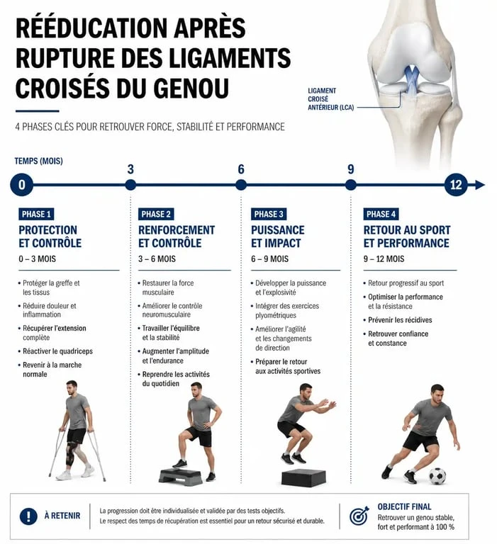 Infographie des phases de récupération après une rupture des ligaments croisés du genou et délais de reprise sportive