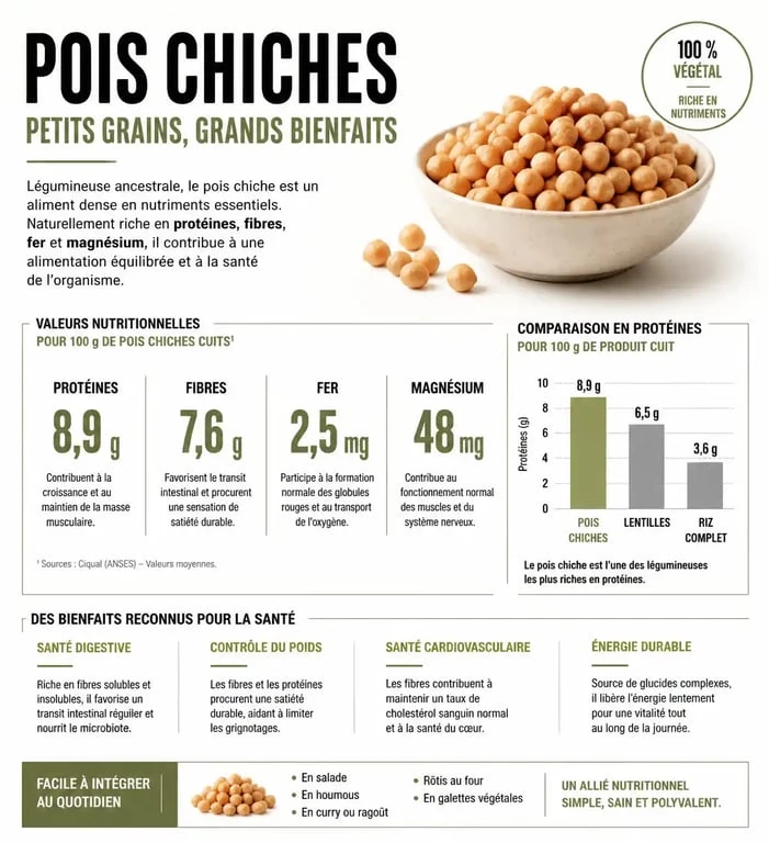 Infographie des bienfaits des pois chiches pour la santé et composition nutritionnelle